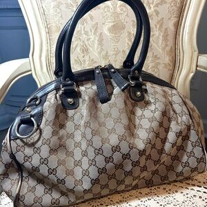 VTG Gucci Tan/Brown Monogram Tote Bag 2 Way Zipper Thick Leather Handles Slouchy